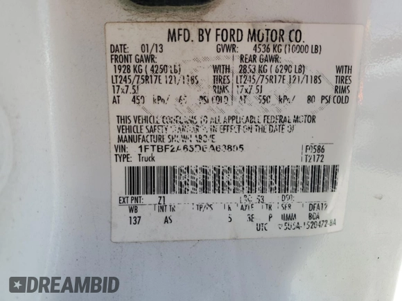2013 Ford F-250 XL with VIN 1FTBF2A65DEA63805, listed as a Copart auction lot 63109464 with 199,691 mi miles and Salvage Title. Bid and sale history available at DreamBid. Image 12.