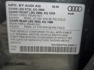 2020 Audi SQ5 Premium Plus with VIN WA1B4AFY0L2068513, listed as a Copart auction lot 54451455 with 37,871 mi miles and Salvage Title. Bid and sale history available at DreamBid. Image 14.
