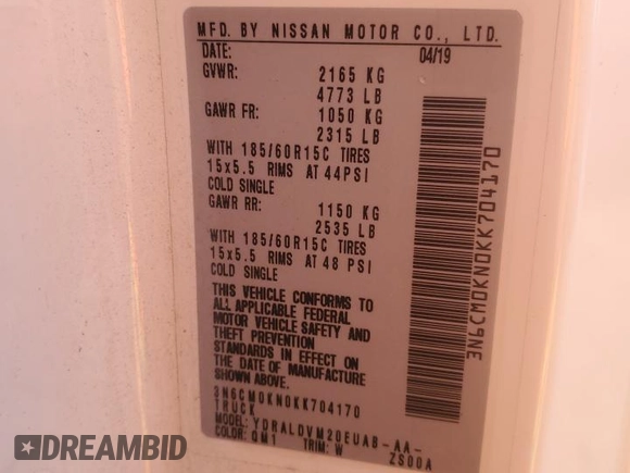 2019 Nissan NV200 S with VIN 3N6CM0KN0KK704170, listed as a Copart auction lot 57838355 with 86,736 mi miles and Salvage title. Bid and sale history available at DreamBid. Image 14.
