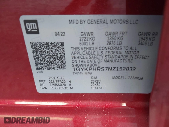 2022 Cadillac XT6 Sport with VIN 1GYKPHRS7NZ152832, listed as a IAAI auction lot 41591284 with 53,787 mi miles. Bid and sale history available at carsss.com. Image 9.