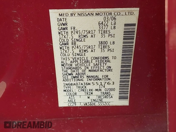 2006 Nissan Titan LE with VIN 1N6BA07A36N551763, listed as a IAAI auction lot 42055493 with 144,153 mi miles and . Bid and sale history available at DreamBid. Image 9.