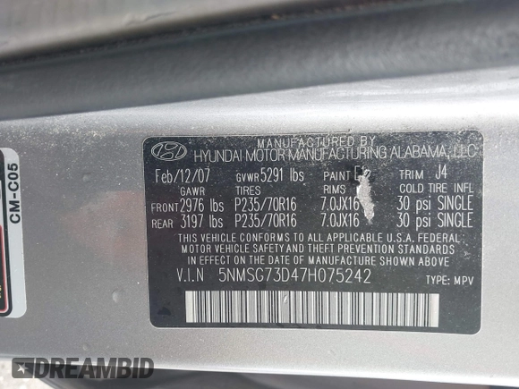 2007 Hyundai Santa Fe GLS z VIN 5NMSG73D47H075242, wystawiony jako IAAI lot #42346901 z przebiegiem 87 104 mil mil oraz . Historia ofert i sprzedaży dostępna na DreamBid. Obrazek 9.