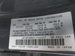 2020 Mazda Mazda3 Hatchback Premium Package with VIN JM1BPANM4L1164257, listed as a IAAI auction lot 41905435 with 1 mi miles. Bid and sale history available at carsss.com. Image 9.