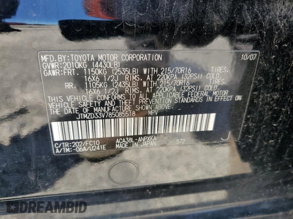 2008 Toyota RAV4 with VIN JTMZD33V785085518, listed as a Copart auction lot 52190235 with 0 mi miles and Salvage Title. Bid and sale history available at carsss.com. Image 14.