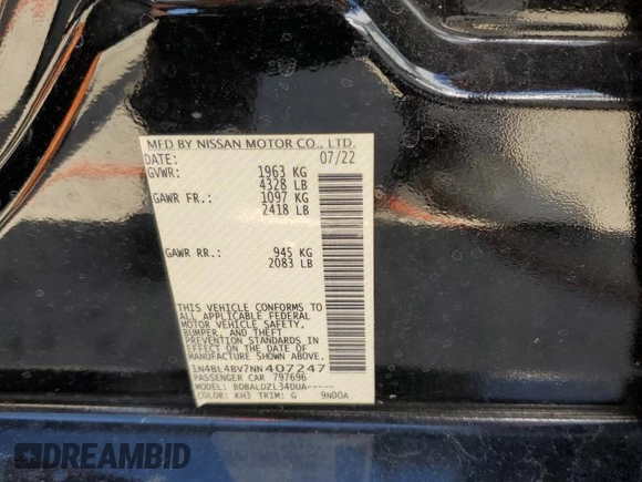 2022 Nissan Altima S with VIN 1N4BL4BV7NN407247, listed as a Copart auction lot 56980355 with 68,847 mi miles and Salvage title. Bid and sale history available at DreamBid. Image 12.