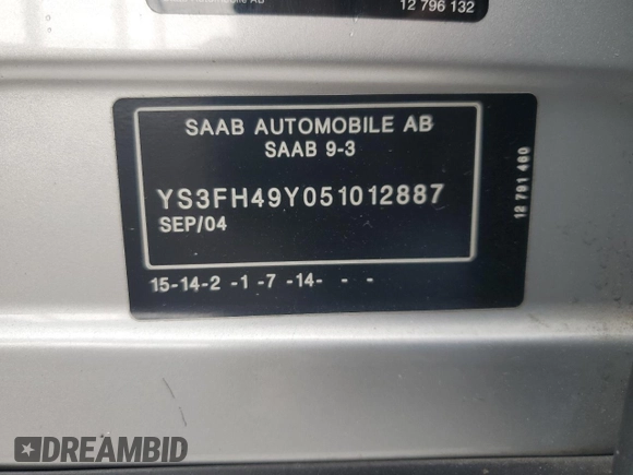 2005 Saab 9-3 Aero with VIN YS3FH49Y051012887, listed as a Copart auction lot 50940035 with 114,299 mi miles and Salvage Title. Bid and sale history available at carsss.com. Image 12.