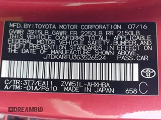 2016 Toyota Prius Four with VIN JTDKARFU3G3526524, listed as a IAAI auction lot 41798589 with 115,956 mi miles and . Bid and sale history available at DreamBid. Image 9.
