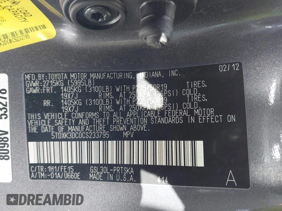 2012 Toyota Sienna SE with VIN 5TDXK3DC0CS233795, listed as a IAAI auction lot 41630513 with 102,766 mi miles. Bid and sale history available at carsss.com. Image 9.