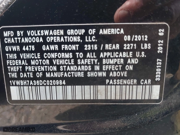 2013 Volkswagen Passat SE w/Sunroof with VIN 1VWBH7A36DC020984, listed as a IAAI auction lot 41883902 with 169,916 mi miles. Bid and sale history available at carsss.com. Image 9.