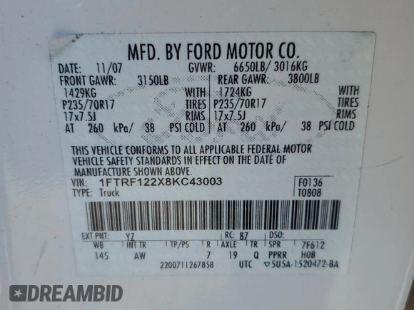 2008 Ford F-150 XL with VIN 1FTRF122X8KC43003, listed as a Copart auction lot 58430755 with 137,378 mi miles and Clean title. Bid and sale history available at DreamBid. Image 12.