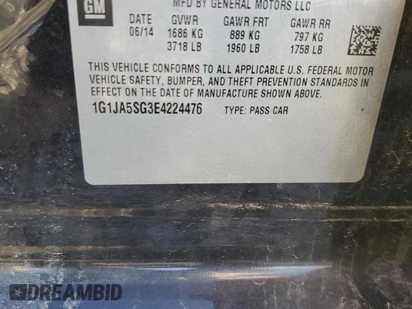 2014 Chevrolet Sonic LS with VIN 1G1JA5SG3E4224476, listed as a Copart auction lot 49439985 with 125,394 mi miles and Salvage title. Bid and sale history available at DreamBid. Image 12.