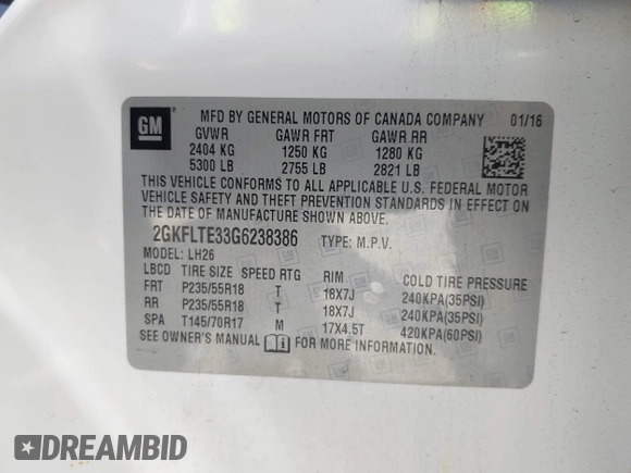 2016 GMC Terrain SLE with VIN 2GKFLTE33G6238386, listed as a IAAI auction lot 42000523 with 126,072 mi miles. Bid and sale history available at carsss.com. Image 9.