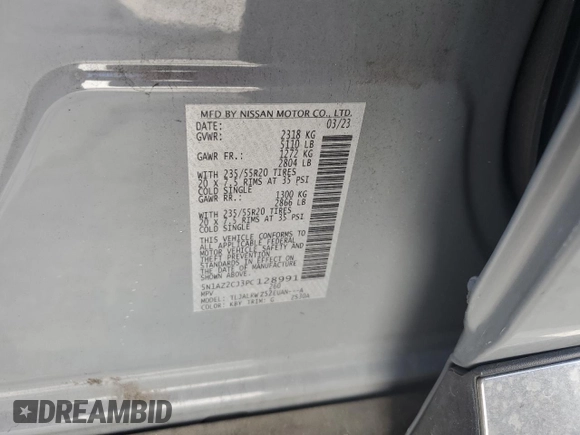 2023 Nissan Murano SL with VIN 5N1AZ2CJ3PC128991, listed as a Copart auction lot 43954785 with 50,533 mi miles and Non Repairable. Bid and sale history available at DreamBid. Image 14.