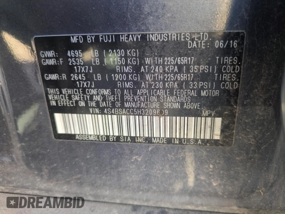 2017 Subaru Outback Premium z VIN 4S4BSACC5H3209609, wystawiony jako Copart lot #54152605 z przebiegiem 66 595 mil mil oraz Szkoda całkowita • Salvage title. Historia ofert i sprzedaży dostępna na DreamBid. Obrazek 14.