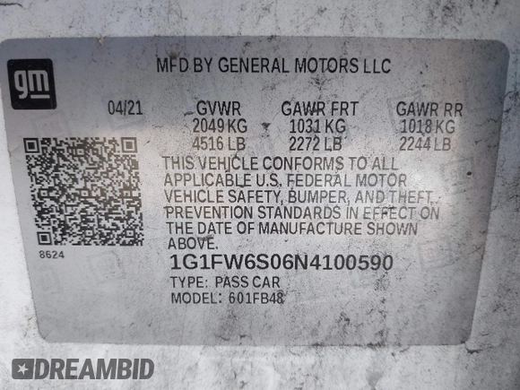 2022 Chevrolet Bolt EV 1LT with VIN 1G1FW6S06N4100590, listed as a IAAI auction lot 41338049 with 133,115 mi miles and . Bid and sale history available at DreamBid. Image 9.