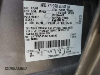 2004 Ford F-150 XLT with VIN 1FTPW14504FA15643, listed as a Copart auction lot 51164485 with 202,694 mi miles and Salvage Title. Bid and sale history available at carsss.com. Image 12.