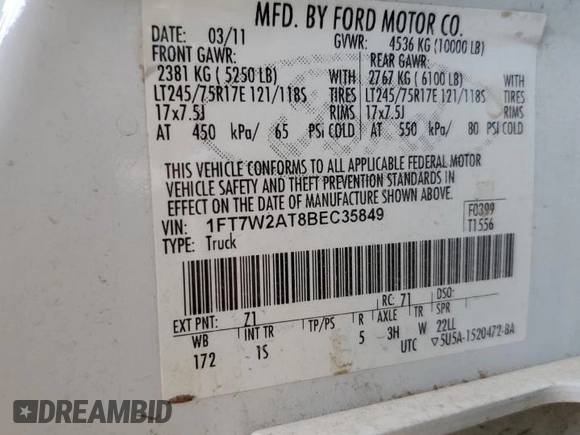 2011 Ford F-250 XL with VIN 1FT7W2AT8BEC35849, listed as a Copart auction lot 52497815 with 210,924 mi miles and Salvage title. Bid and sale history available at DreamBid. Image 12.