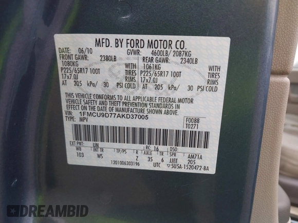 2010 Ford Escape XLT с VIN 1FMCU9D77AKD37005, выставлен на аукционе IAAI как лот 41948357 с пробегом 305 650 миль миль и . История ставок и продаж доступна на DreamBid. Изображение 9.