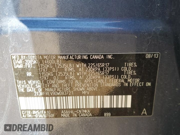 2013 Toyota RAV4 XLE with VIN 2T3RFREV9DW083721, listed as a Copart auction lot 47029435 with 82,263 mi miles and Salvage Title. Bid and sale history available at carsss.com. Image 13.