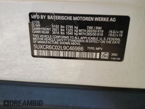 2020 BMW X5 xDrive40i with VIN 5UXCR6C02L9C46986, listed as a Copart auction lot 49099615 with Not provided miles and Salvage title. Bid and sale history available at DreamBid. Image 16.