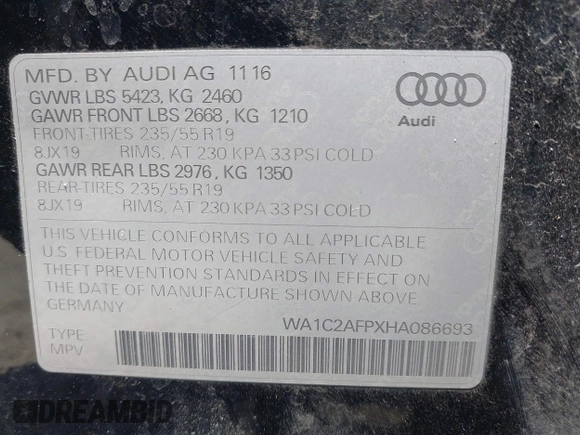 2017 Audi Q5 Premium with VIN WA1C2AFPXHA086693, listed as a IAAI auction lot 42043180 with 145,876 mi miles and . Bid and sale history available at DreamBid. Image 9.