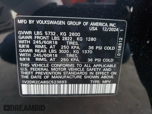 2025 Volkswagen Atlas SE with VIN 1V2DR2CA8SC523693, listed as a Copart auction lot 51173005 with 3,988 mi miles and Salvage title. Bid and sale history available at DreamBid. Image 13.