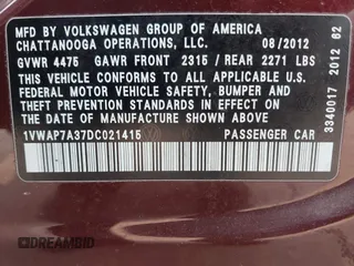 2013 Volkswagen Passat Wolfsburg Edition with VIN 1VWAP7A37DC021415, listed as a IAAI auction lot 42402557 with 145,025 mi miles and . Bid and sale history available at DreamBid. Image 9.