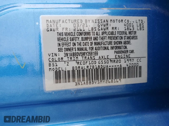 2021 Nissan Sentra SR with VIN 3N1AB8DV5MY268169, listed as a Copart auction lot 84290154 with 41,119 mi miles and Salvage Title. Bid and sale history available at DreamBid. Image 13.