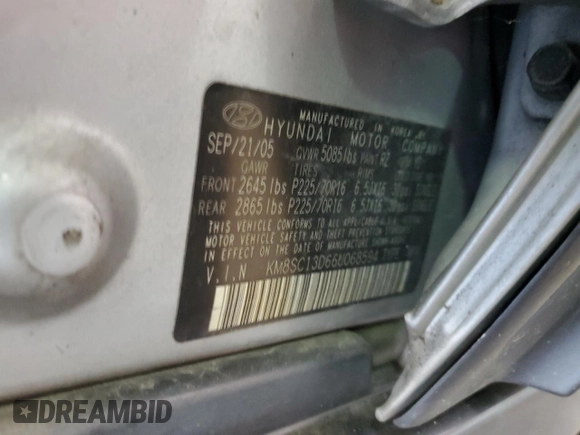2006 Hyundai Santa Fe GLS with VIN KM8SC13D66U068594, listed as a Copart auction lot 77463854 with 132,081 mi miles and Salvage Title. Bid and sale history available at carsss.com. Image 13.