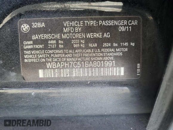 2011 BMW 3 Series 328i z VIN WBAPH7C51BA801991, wystawiony jako Copart lot #50096365 z przebiegiem 122 874 mil mil oraz Szkoda całkowita • Salvage title. Historia ofert i sprzedaży dostępna na DreamBid. Obrazek 12.