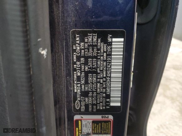 2017 Hyundai Santa Fe Limited Ultimate with VIN KM8SRDHF4HU242191, listed as a Copart auction lot 49065985 with 124,505 mi miles and Salvage Title. Bid and sale history available at carsss.com. Image 13.