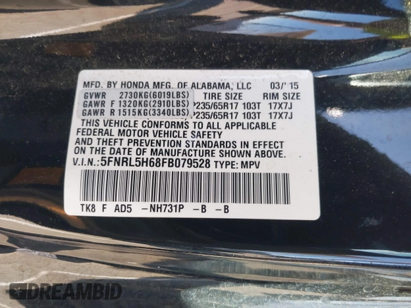 2015 Honda Odyssey EX-L with VIN 5FNRL5H68FB079528, listed as a IAAI auction lot 41893783 with 90,371 mi miles and . Bid and sale history available at DreamBid. Image 9.