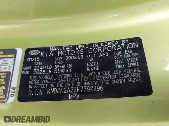 2015 Kia Soul with VIN KNDJN2A22F7792296, listed as a IAAI auction lot 41843650 with 207,181 mi miles. Bid and sale history available at carsss.com. Image 9.