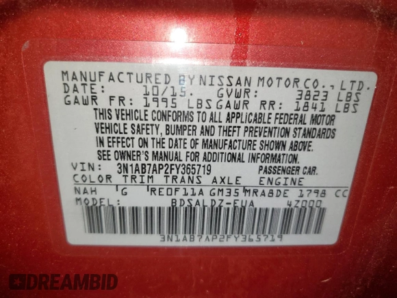 2015 Nissan Sentra SR with VIN 3N1AB7AP2FY365719, listed as a Copart auction lot 51011525 with 131,359 mi miles and Clean Title. Bid and sale history available at DreamBid. Image 12.