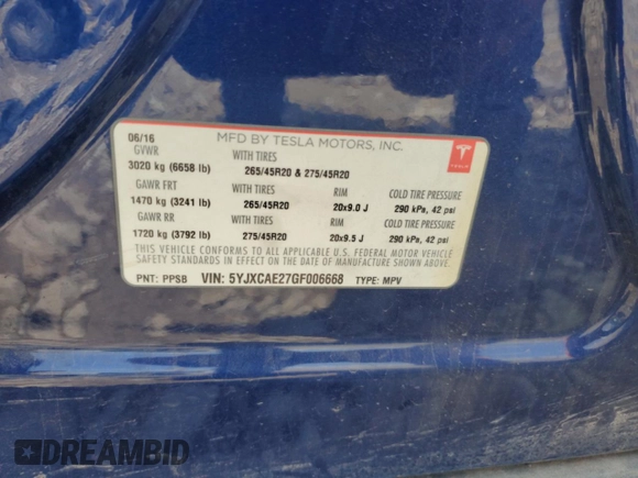 2016 Tesla Model X 70D z VIN 5YJXCAE27GF006668, wystawiony jako Copart lot #59637595 z przebiegiem 58 163 mil mil oraz Czysty tytuł • Clean title. Historia ofert i sprzedaży dostępna na DreamBid. Obrazek 12.