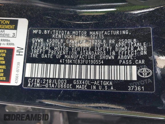 2015 Toyota Avalon Limited with VIN 4T1BK1EB3FU190554, listed as a IAAI auction lot 41721072 with 139,464 mi miles and . Bid and sale history available at DreamBid. Image 9.