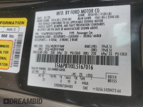 2020 Ford Mustang EcoBoost with VIN 1FA6P8THXL5167016, listed as a Copart auction lot 53703615 with 45,468 mi miles and Salvage Title. Bid and sale history available at carsss.com. Image 13.