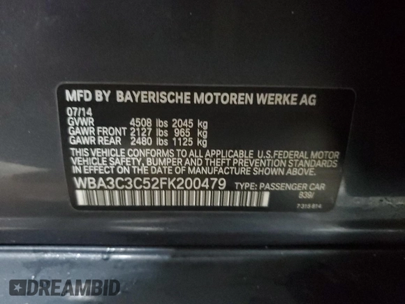 2015 BMW 3 Series 320i xDrive with VIN WBA3C3C52FK200479, listed as a Copart auction lot 52575125 with 153,930 mi miles and Salvage title. Bid and sale history available at DreamBid. Image 14.