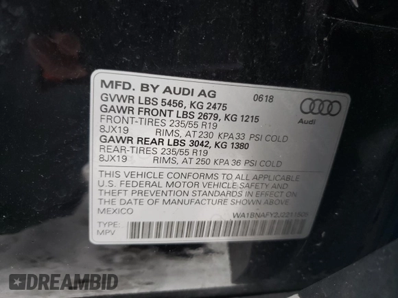 2018 Audi Q5 Premium Plus with VIN WA1BNAFY2J2211505, listed as a Copart auction lot 36286353 with 33,199 mi miles. Bid and sale history available at carsss.com. Image 14.