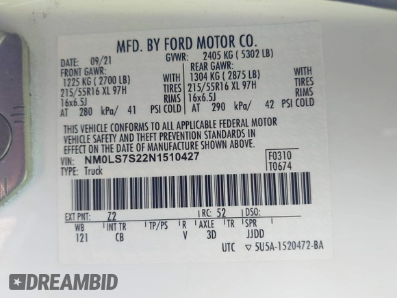 2022 Ford Transit Connect XL with VIN NM0LS7S22N1510427, listed as a IAAI auction lot 42210406 with 167,015 mi miles and . Bid and sale history available at DreamBid. Image 9.