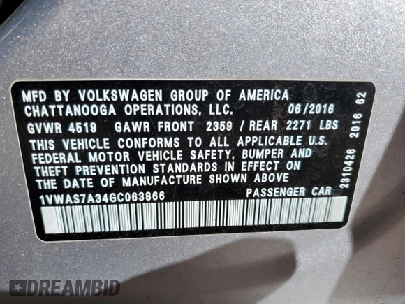 2016 Volkswagen Passat 1.8T R-Line w/Comfort Pkg with VIN 1VWAS7A34GC063866, listed as a Copart auction lot 79299444 with 0 mi miles and Salvage Title. Bid and sale history available at carsss.com. Image 13.