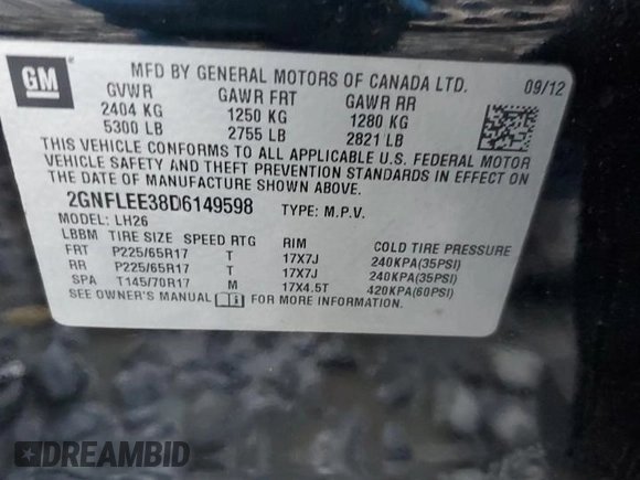 2013 Chevrolet Equinox LT with VIN 2GNFLEE38D6149598, listed as a Copart auction lot 84641154 with 117,326 mi miles and Salvage Title. Bid and sale history available at carsss.com. Image 13.