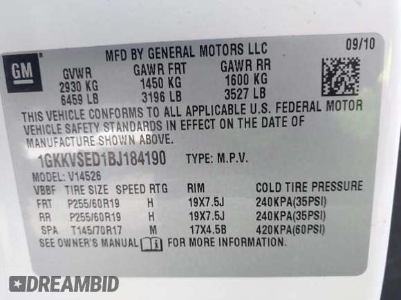 2011 GMC Acadia SLT2 with VIN 1GKKVSED1BJ184190, listed as a IAAI auction lot 41685394 with 211,742 mi miles. Bid and sale history available at carsss.com. Image 9.