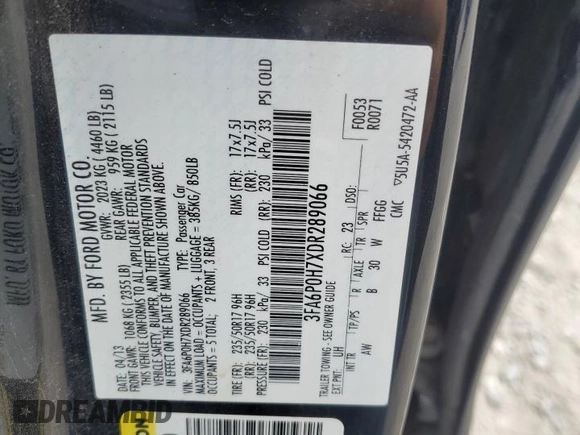 2013 Ford Fusion SE with VIN 3FA6P0H7XDR289066, listed as a Copart auction lot 60034935 with 181,960 mi miles and Salvage title. Bid and sale history available at DreamBid. Image 12.