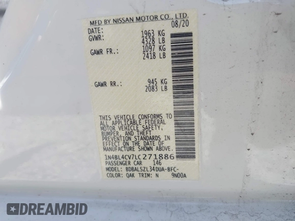 2020 Nissan Altima SR with VIN 1N4BL4CV7LC271886, listed as a IAAI auction lot 41824787 with 68,989 mi miles and . Bid and sale history available at carsss.com. Image 9.