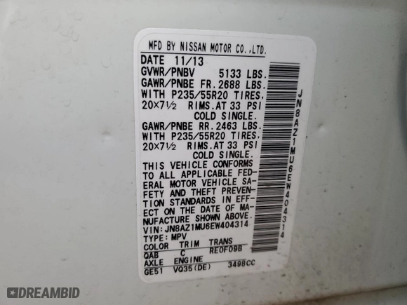 2014 Nissan Murano LE with VIN JN8AZ1MU6EW404314, listed as a Copart auction lot 76243494 with 112,167 mi miles and Salvage Title. Bid and sale history available at carsss.com. Image 15.