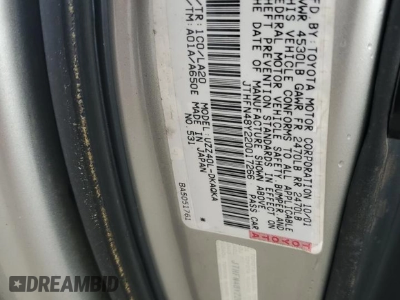 2002 Lexus SC 430 with VIN JTHFN48Y220017266, listed as a Copart auction lot 59598535 with 159,857 mi miles and Salvage title. Bid and sale history available at DreamBid. Image 12.