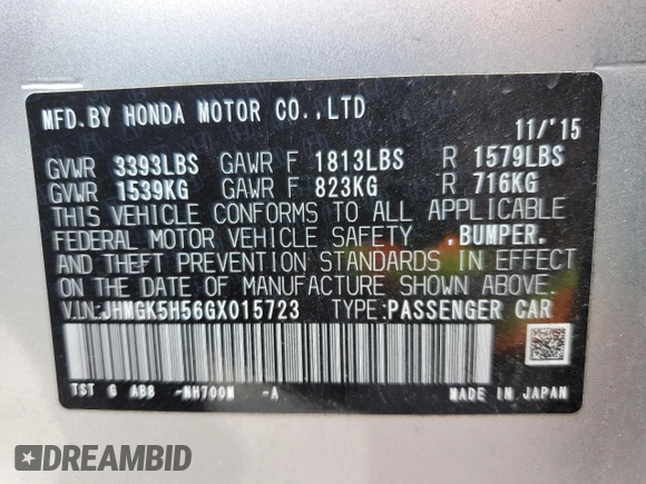 2016 Honda Fit LX z VIN JHMGK5H56GX015723, wystawiony jako Copart lot #60070965 z przebiegiem Nie podano mil oraz Szkoda całkowita • Salvage title. Historia ofert i sprzedaży dostępna na DreamBid. Obrazek 12.