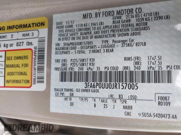 2018 Ford Fusion S z VIN 3FA6P0UU0JR157005, wystawiony jako IAAI lot #41689881 z przebiegiem Nie podano mil oraz . Historia ofert i sprzedaży dostępna na DreamBid. Obrazek 9.