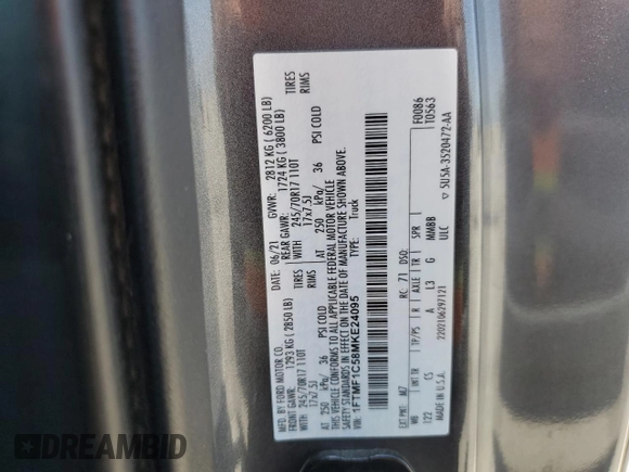2021 Ford F-150 XL with VIN 1FTMF1C58MKE24095, listed as a Copart auction lot 57686455 with 60,583 mi miles and Salvage title. Bid and sale history available at DreamBid. Image 12.